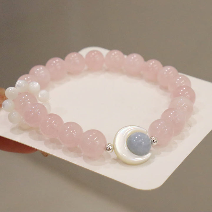 Buddha Stones 925スターリングシルバー 天然アメジスト アクアマリン ピンククリスタル キャッツアイ ヒーリング クレセントムーンブレスレット