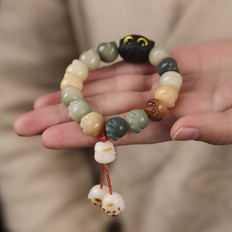 Buddha Stones天然菩提樹 愛らしい足跡黒檀招き猫 知恵のブレスレット - image 11