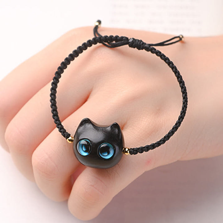 Buddha Stones小葉紫檀黒檀猫の頭モチーフを落ち着かせる 保護 編み込み ブレスレット - image 14