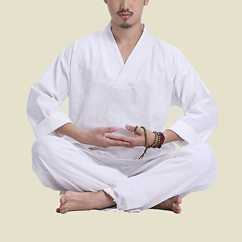 Buddha Stones瞑想祈りVネックデザインコットンリネンスピリチュアル禅練習ヨガウェアメンズセット - image 17