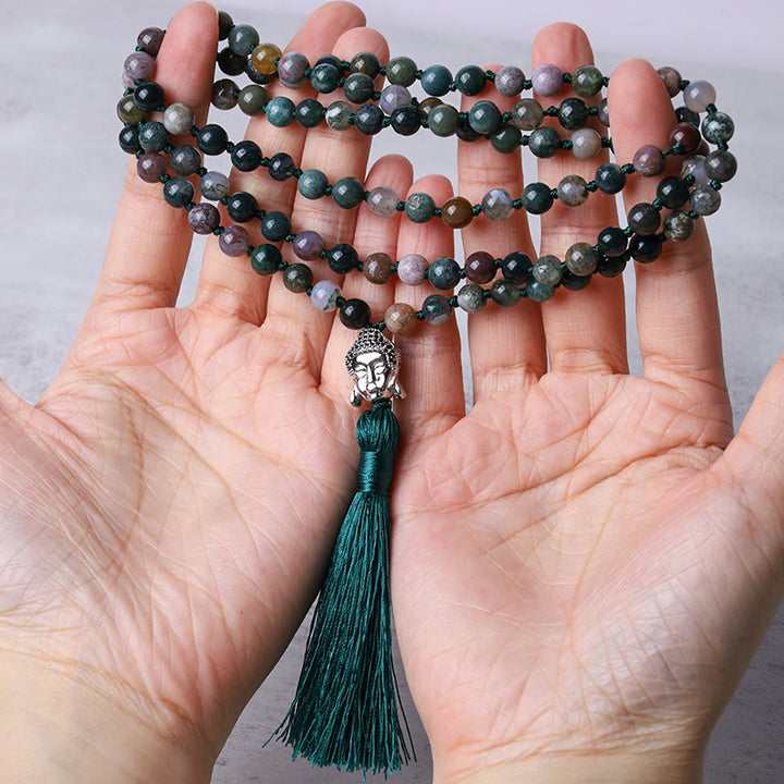 Buddha Stones 108Malaビーズ インド瑪瑙 仏頭浄化ブレスレット