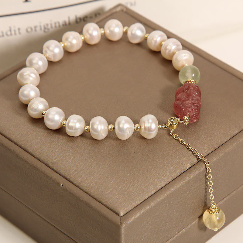 Buddha Stones天然真珠ストロベリークォーツ貔貅楽観チャームブレスレット