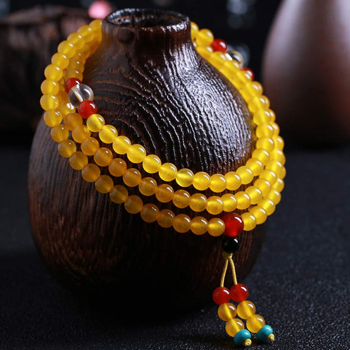 Buddha Stones 108 個入りMalaビーズ イエローカルセドニー ハーモニーブレスレット