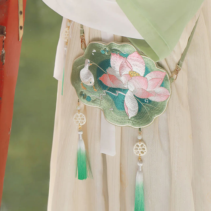 Buddha Stonesと幸運の刺繍、蓮と鯉とウサギの花の漢服バッグ、斜め掛けバッグ、ショルダーバッグ