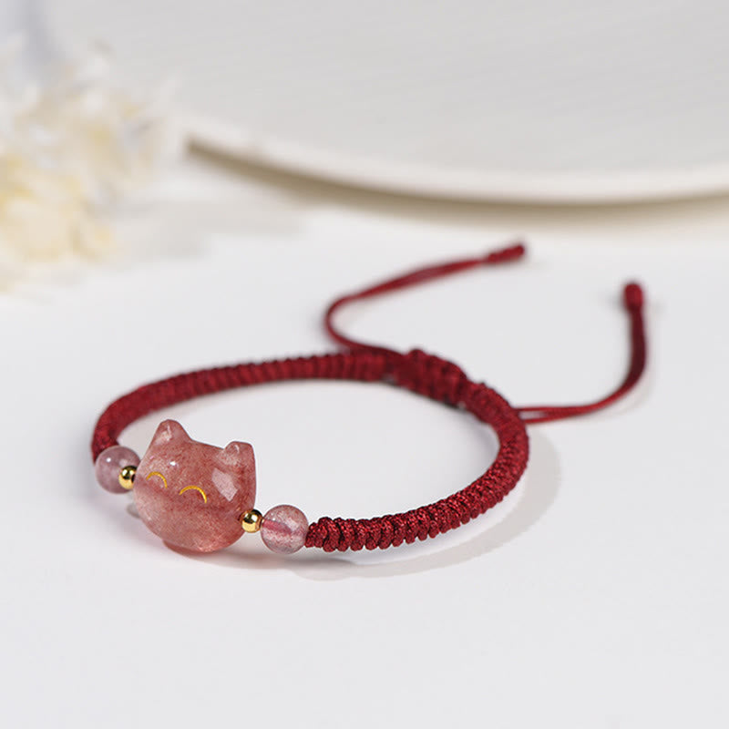 Buddha Stonesハンドメイド 天然銀光沢黒曜石 ストロベリークォーツ かわいい猫のお守り編み込みブレスレット - image 11