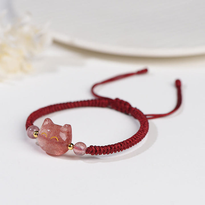 Buddha Stonesハンドメイド 天然銀光沢黒曜石 ストロベリークォーツ かわいい猫のお守り編み込みブレスレット - image 11