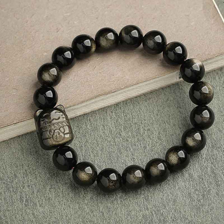 Buddha Stones金色光沢黒曜石 銀色光沢黒曜石 愛らしい足跡 招き猫守護ブレスレット - ゴールドシーンオブシディアン - 招き猫 - 10mm - image 24