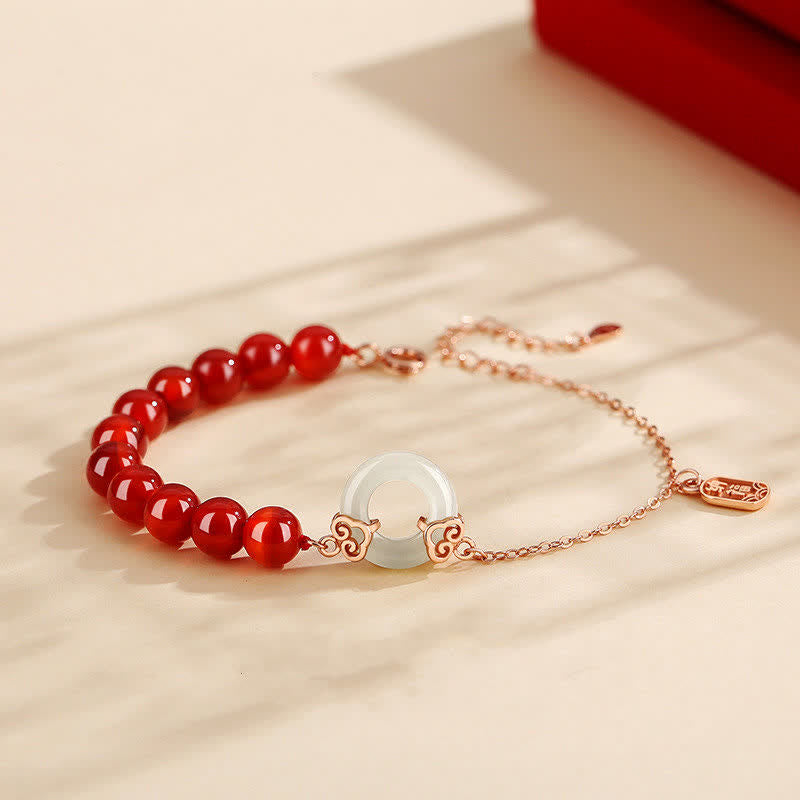 Buddha Stones 925スターリングシルバー 天然レッドアゲート ホワイトジェイド ピースバックル コンフィデンスブレスレット