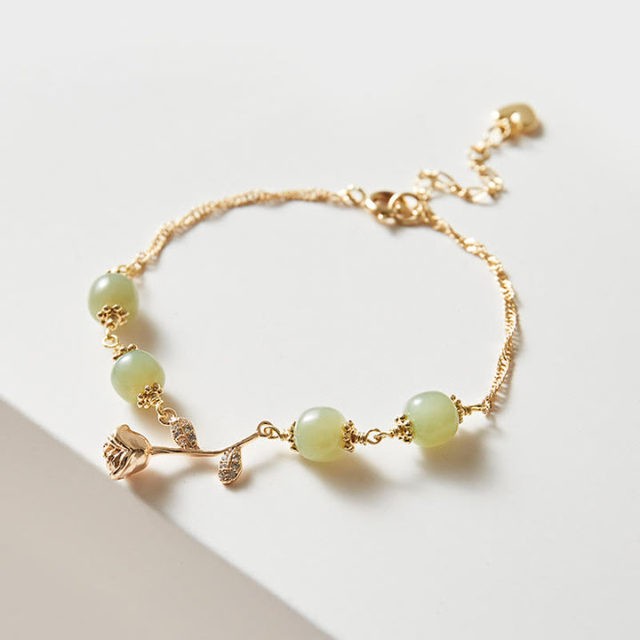Buddha Stones14K ゴールドメッキ 和田翡翠 ゴールデンローズフラワー 幸運のチェーンブレスレット