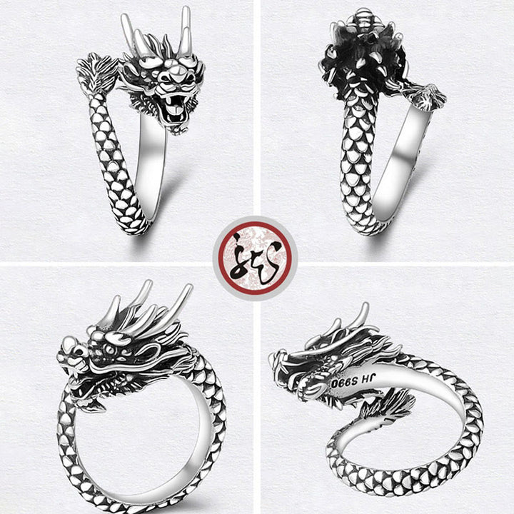 Buddha Stones990 スターリングシルバー ヴィンテージ ドラゴンデザイン 幸運 保護 強度 調節可能 リング