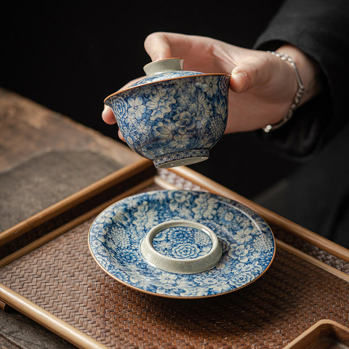 Buddha Stonesヴィンテージ青と白の磁器桃の花蓮牡丹セラミック蓋碗三彩ティーカップカンフーティーカップとソーサー蓋付き - image 2