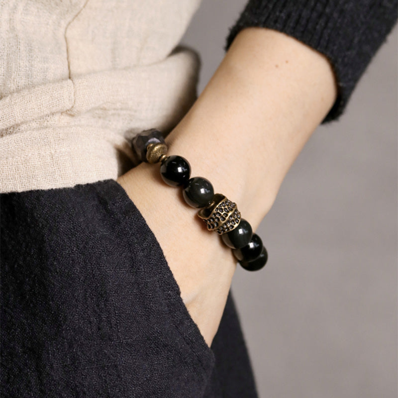 Buddha Stones黒曜石 黒檀 木 銅 強さ カップル ブレスレット