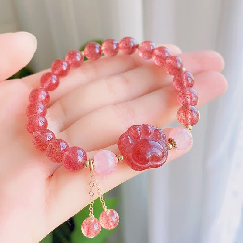 Buddha Stones天然ストロベリークォーツ ピンククリスタル ラッキーキャットポー ラブブレスレット - image 4