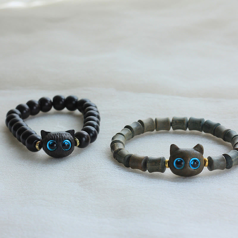 Buddha Stones、黒檀、緑白檀、かわいい猫の平和ブレスレット - image 2