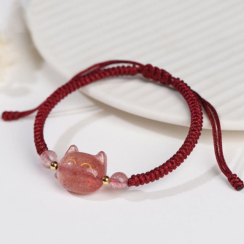 Buddha Stonesハンドメイド 天然銀光沢黒曜石 ストロベリークォーツ かわいい猫のお守り編み込みブレスレット - image 10