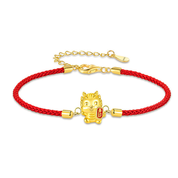 Buddha Stones925スターリングシルバー 龍年 幸運の金龍 強さ レッドロープチェーンブレスレット