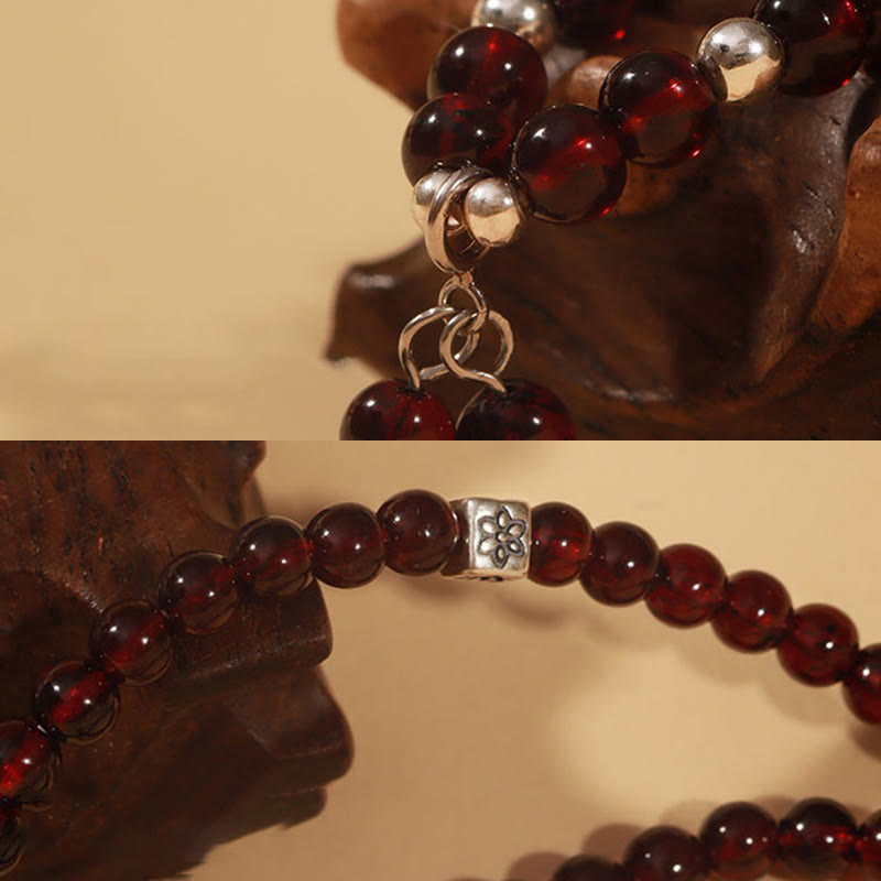 Buddha Stones 925スターリングシルバー 天然ガーネット キャットアイプロテクション トリプルラップブレスレット - image 5