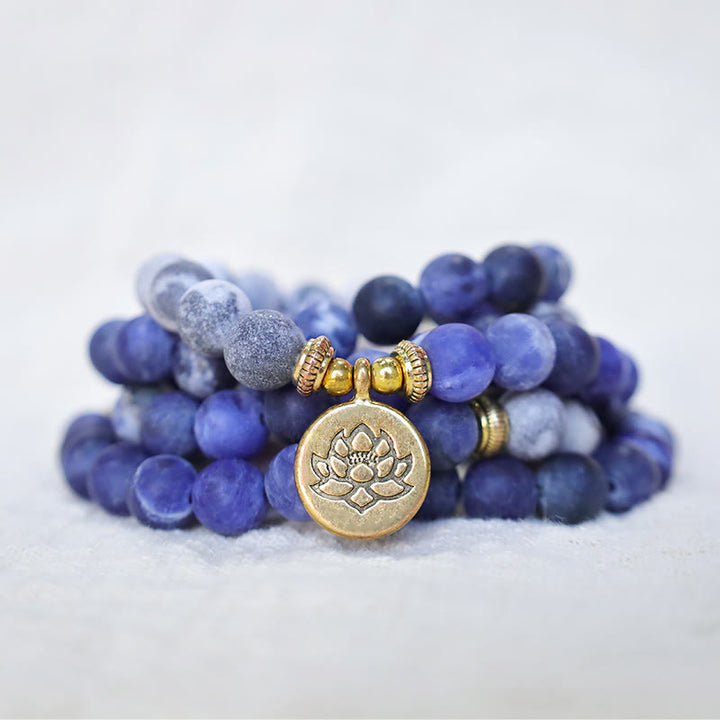 Buddha Stones 108 天然ピカソジャスパー＆ブルーストーンMalaロータスペンダントブレスレット
