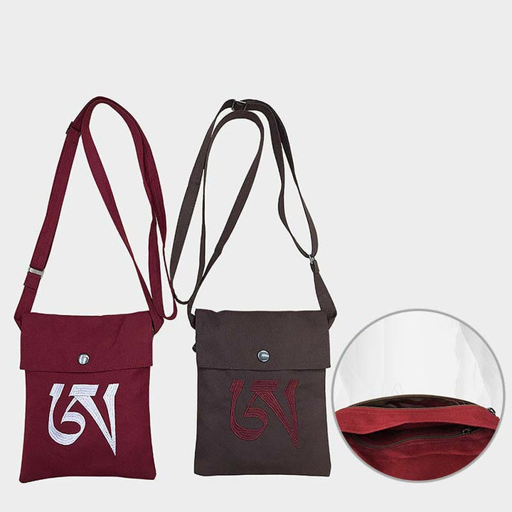 ハンドメイドOMマントラ刺繍入りスピリチュアルマインドプラクティスコットンクロスボディバッグショルダーバッグ携帯電話バッグ - image 1