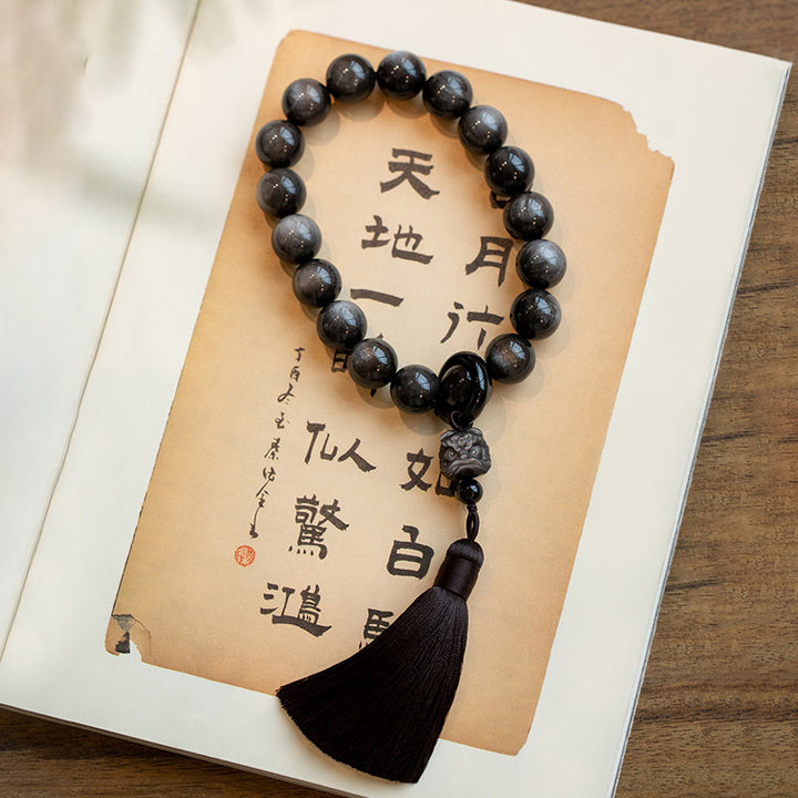 Buddha Stones天然銀光沢黒曜石 黒曜石 ライオン手首Mala保護タッセル ポケットMala車の装飾
