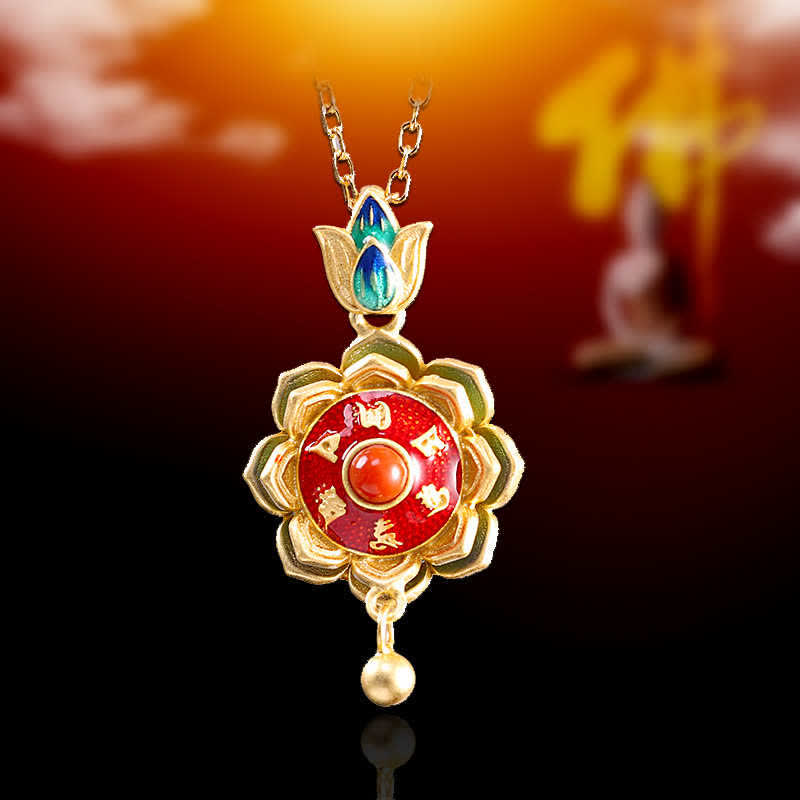 925スターリングシルバー チベット ロータス祈祷ホイール赤瑪瑙 悟りのネックレスペンダント - image 2