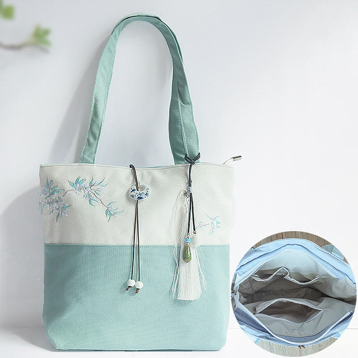 梨花 梅 桃の花 竹刺繍 キャンバス 大容量 ショルダーバッグ トートバッグ