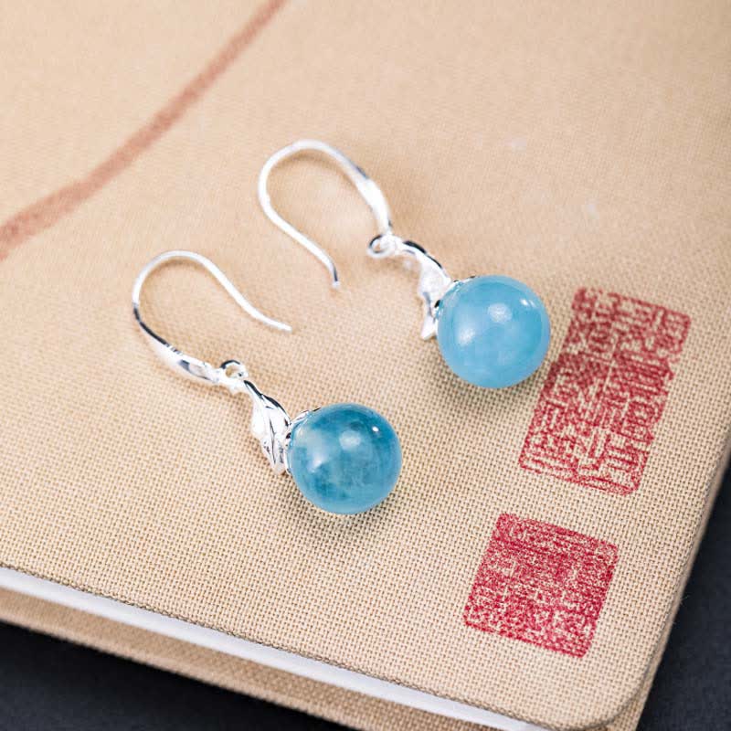 Buddha Stones 925スターリングシルバー 天然アクアマリン リーフフラワー ピース イヤリング ネックレス