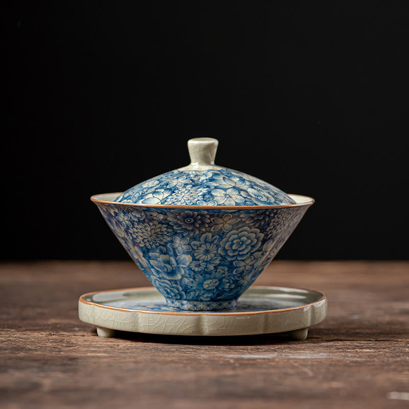 Buddha Stonesヴィンテージ青と白の磁器桃の花蓮牡丹セラミック蓋碗三彩ティーカップカンフーティーカップとソーサー蓋付き - 10.2cm×8.8cm×130ml（ソーサー11.4cm） - image 13