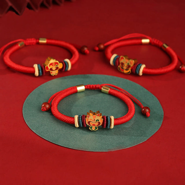 Buddha Stonesハンドメイド925スターリングシルバードラゴン年かわいい中国の十二支幸運編み込みレッドブレスレット