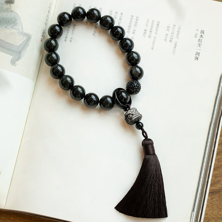Buddha Stones天然銀光沢黒曜石 黒曜石 ライオン手首Mala保護タッセル ポケットMala車の装飾