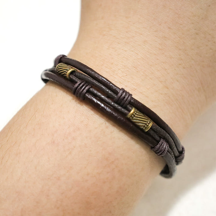 Buddha Stonesヴィンテージレザーリストバンド ブラウンロープ レイヤードブレスレット バングル