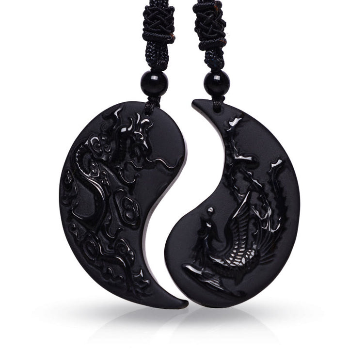 Buddha Stones黒曜石 陰陽龍鳳凰 幸運のネックレスペンダント - image 1