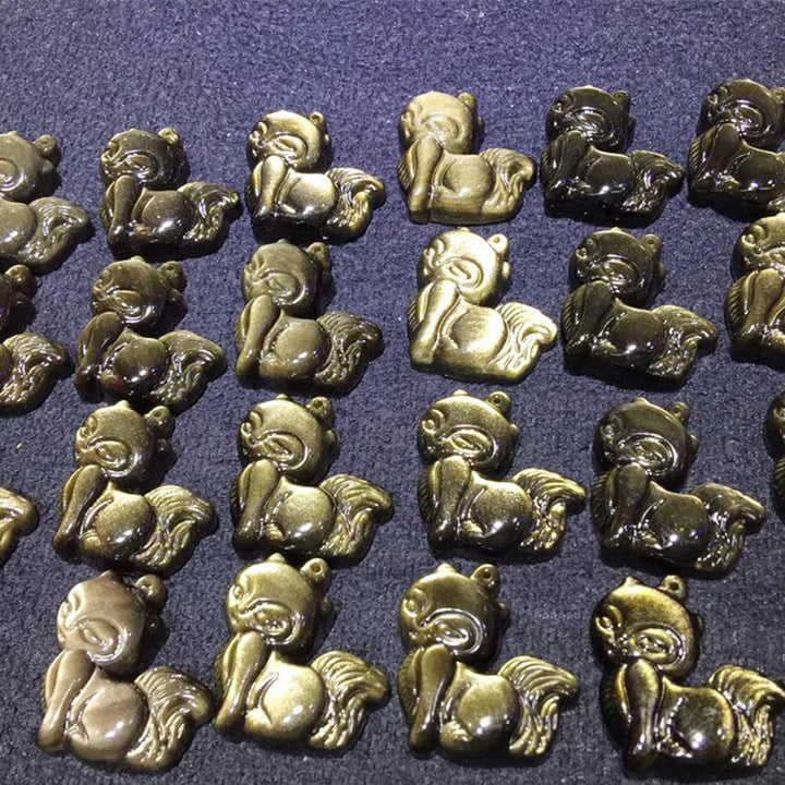 Buddha Stones天然レインボーオブシディアン ゴールドシーンオブシディアン 九尾狐 ポジティブネックレスペンダント