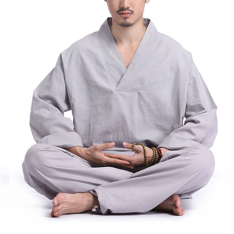Buddha Stones瞑想祈りVネックデザインコットンリネンスピリチュアル禅練習ヨガウェアメンズセット - グレー - US/UK/AU44、 EU54 (3XL) - image 10