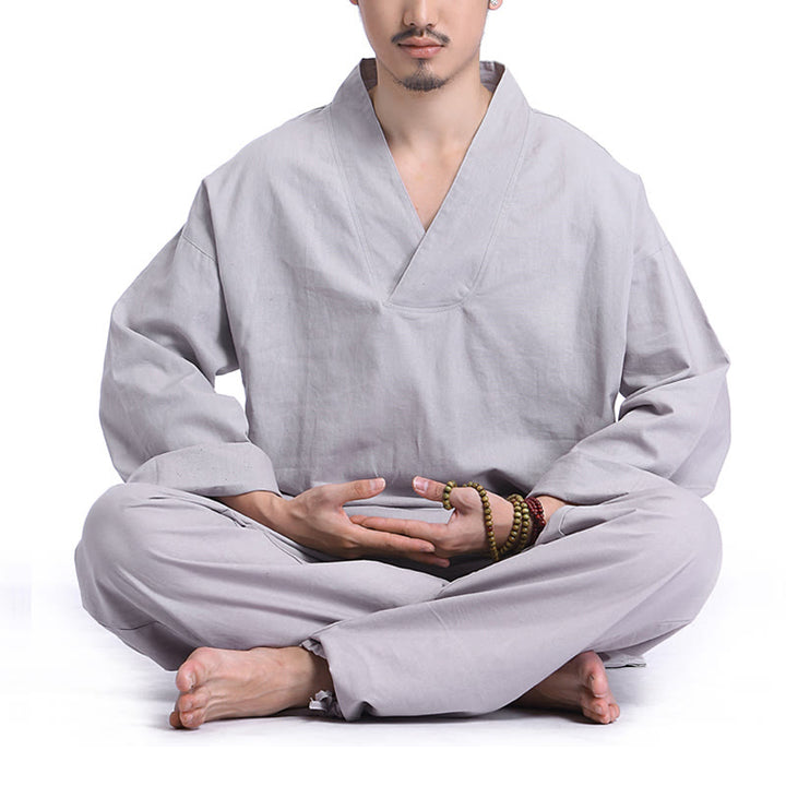 Buddha Stones瞑想祈りVネックデザインコットンリネンスピリチュアル禅練習ヨガウェアメンズセット - グレー - US/UK/AU44、 EU54 (3XL) - image 10