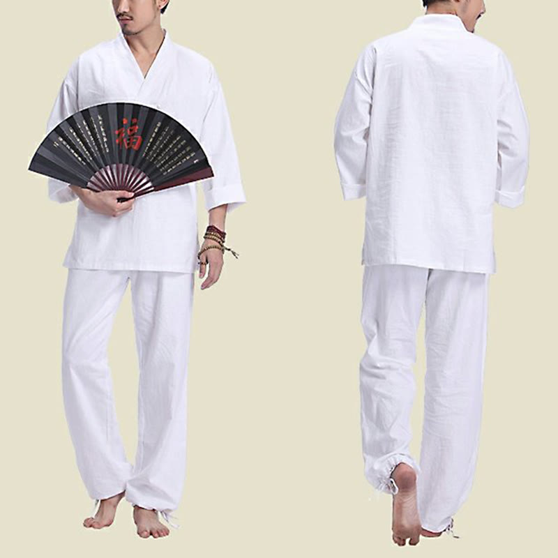 Buddha Stones瞑想祈りVネックデザインコットンリネンスピリチュアル禅練習ヨガウェアメンズセット - image 16