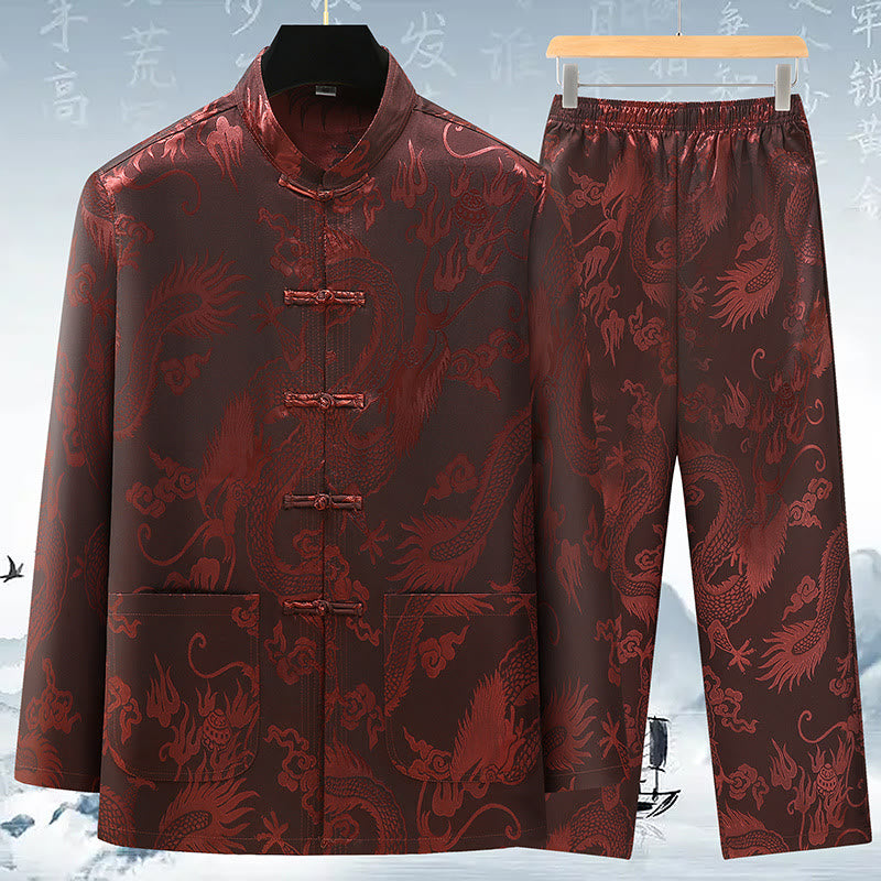 Buddha Stones唐装男性漢服中国龍伝統衣装カンフーシャツ制服長袖コートトップスとパンツ衣類メンズセット - 茶色 - US/UK/AU42、 EU52 (3XL) - image 3