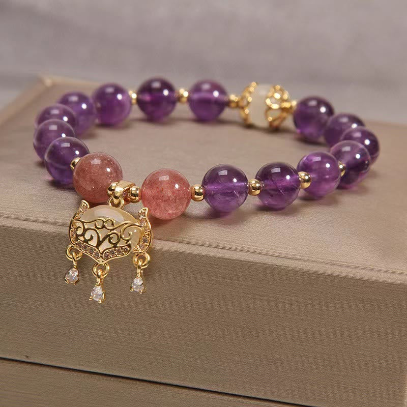 Buddha Stones天然アメジスト ストロベリークォーツ キャッツアイ 中国ロックチャーム ヒーリングブレスレット