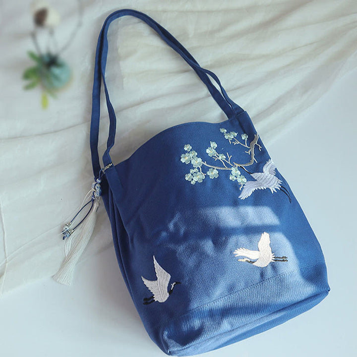 Buddha Stones鶴 梅 刺繍 キャンバス 大容量 ショルダーバッグ トートバッグ