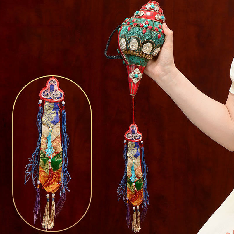 チベット手作り Shankha オーム・マニ・パドメ・フム Buddha Avalokitesvara ターコイズ コンクシェル ポジティブ装飾 - image 11