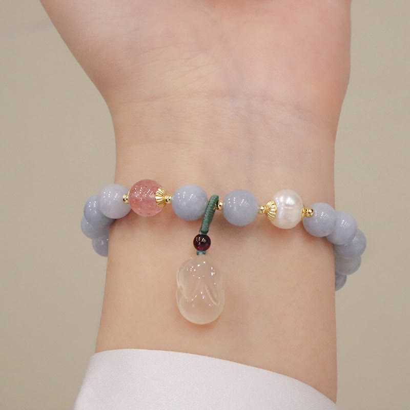 Buddha Stones天然アクアマリン カルセドニー セレニティ ウサギ ひょうたん 猫 チャームブレスレット - image 3