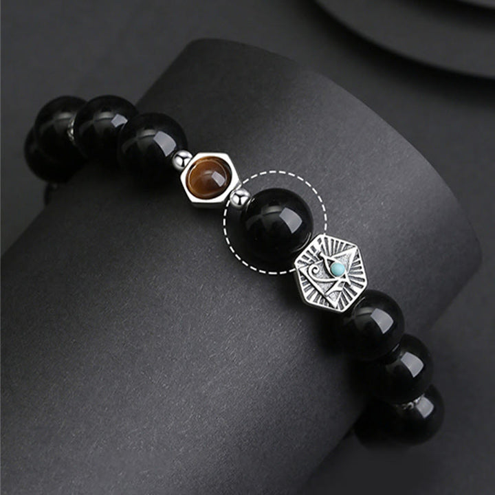 Buddha Stones925 スターリングシルバー ブラックオブシディアン タイガーアイ プロビデンスの目 浄化ブレスレット