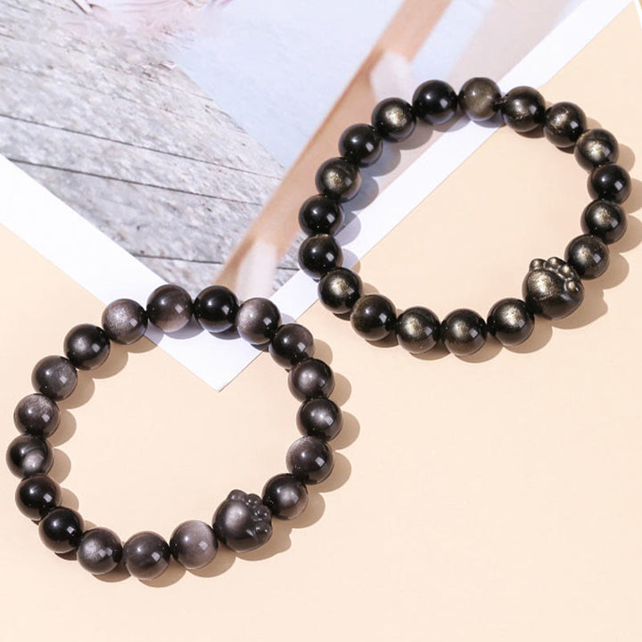 Buddha Stones天然ゴールドシーンオブシディアン シルバーシーンオブシディアン かわいい猫の足跡開運財運ブレスレット - image 11