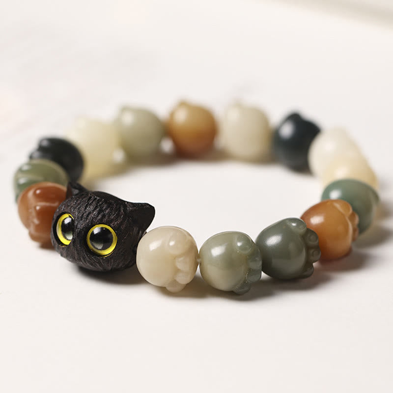 Buddha Stones天然菩提樹 愛らしい足跡黒檀招き猫 知恵のブレスレット - image 2