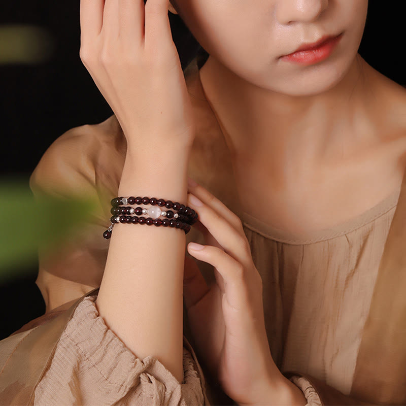 Buddha Stones 925スターリングシルバー 天然ガーネット キャットアイプロテクション トリプルラップブレスレット - image 4