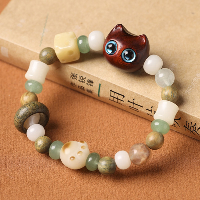 Buddha Stones菩提樹 緑白檀黒檀小葉紫檀猫の頭 足爪 平和ブレスレット - image 11