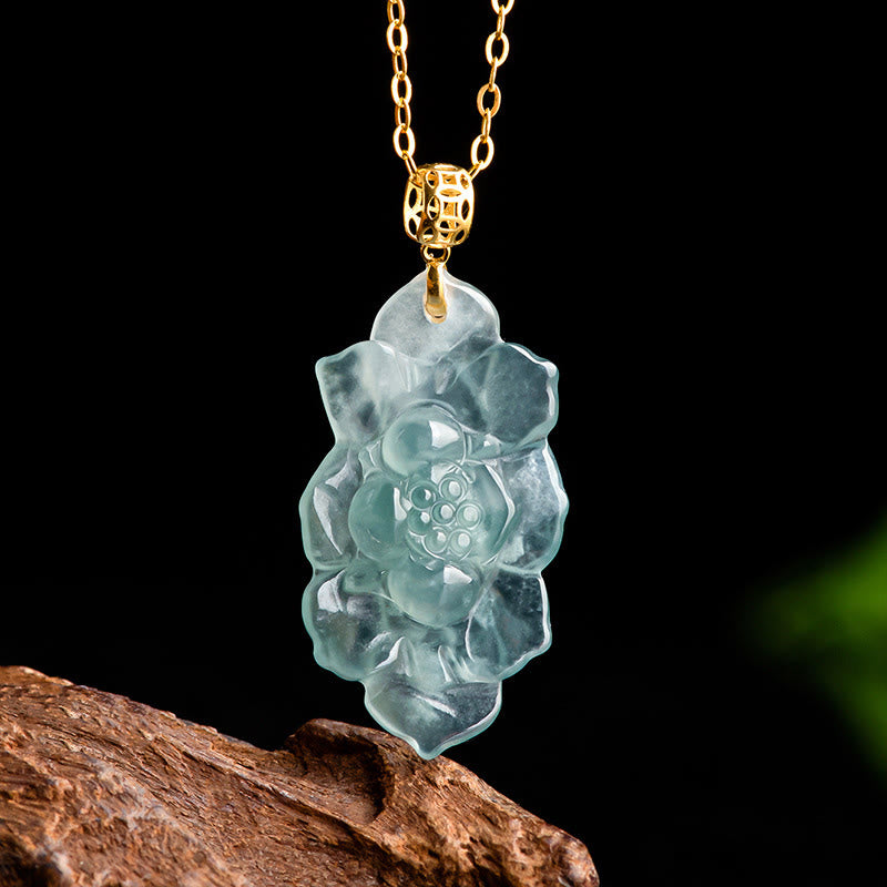 Buddha Stones 925スターリングシルバーチェーン 18Kゴールドバックル 天然翡翠 蓮の模様豊かさのネックレスペンダント - 翡翠（豊かさ♥豊穣） - image 0