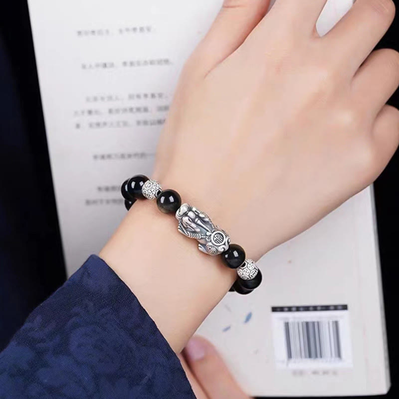 Buddha Stones925スターリングシルバー 天然ゴールド 光沢 黒曜石 貔貅 富の守護ブレスレット - image 2