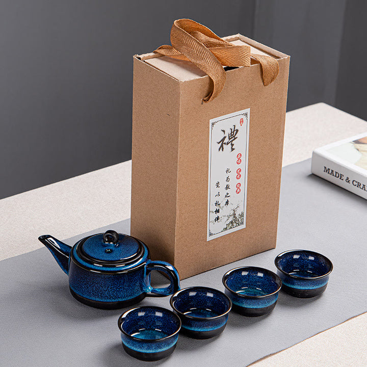 Buddha Stonesブルーグラデーションカラー 中国功夫茶 陶器ティーポット ポータブルギフトバッグボックスセット - ティーポット1個とカップ4個入りボックス - image 7