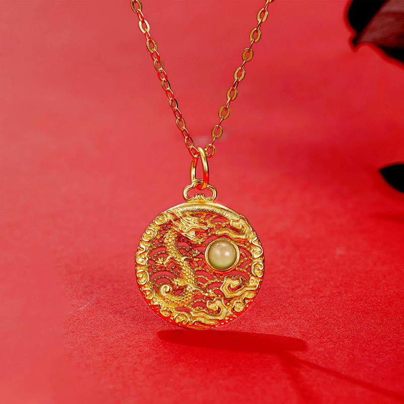 Buddha Stones925 スターリングシルバー 龍年 縁起の良い雲 和田翡翠象嵌 幸運のネックレスペンダント - ドラゴン(守護♥成就) - image 0